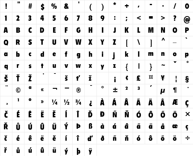 Ostrava Regular  glyph index