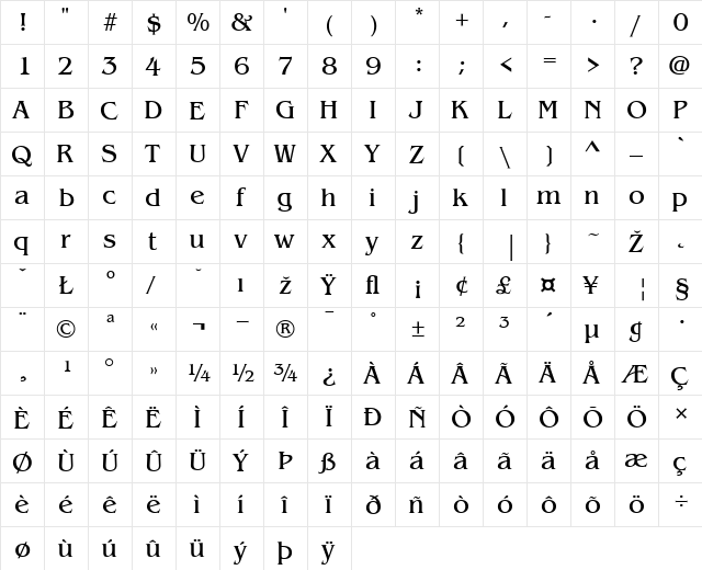 Benguiat Regular  glyph index