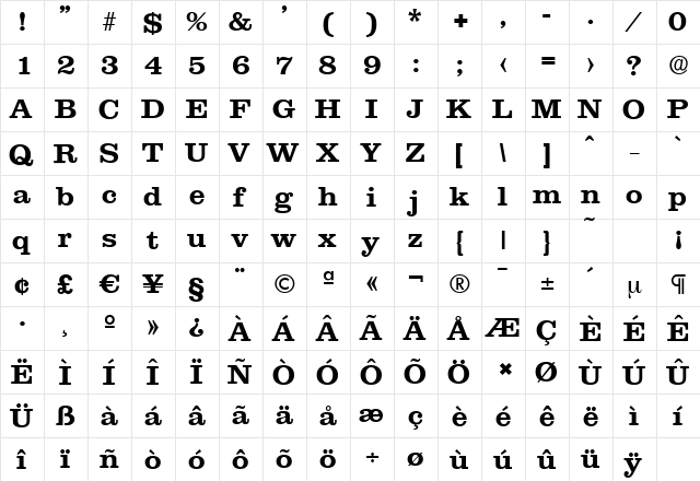 ClareSerial Bold  glyph index