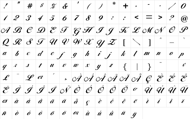 Diana Script Agency Bold Plain  glyph index