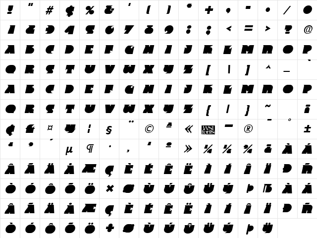Frantic Italic  glyph index
