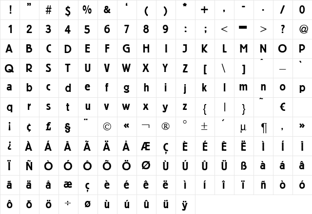BeginnerDB Bold  glyph index