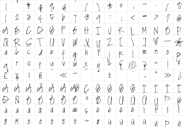 DJB Angel Baby Regular  glyph index