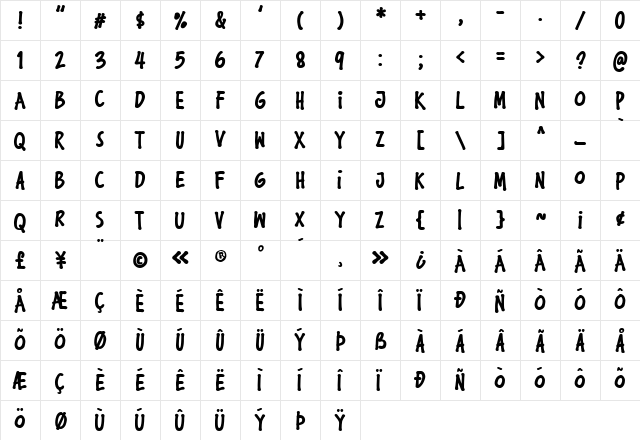 Komikula Bold  glyph index