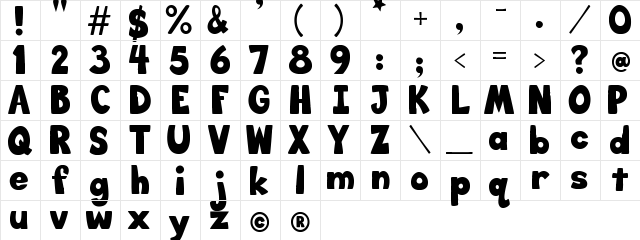 Big_Bottom_Cartoon Regular  glyph index