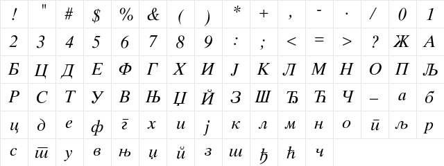 CTimes Italic Regular  glyph index