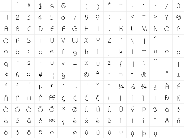 BauhausLH Regular  glyph index
