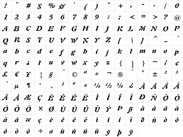 Freeform 721 Black Italic  glyph index