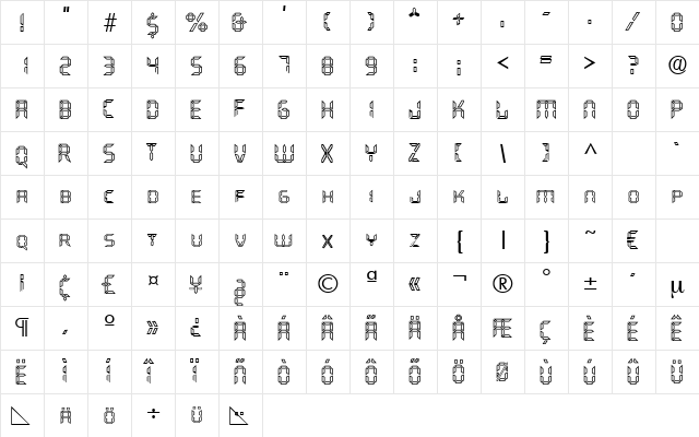 Quartz-Open Regular  glyph index