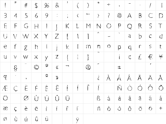 DavidBeckerRandom-Xlight Regular  glyph index