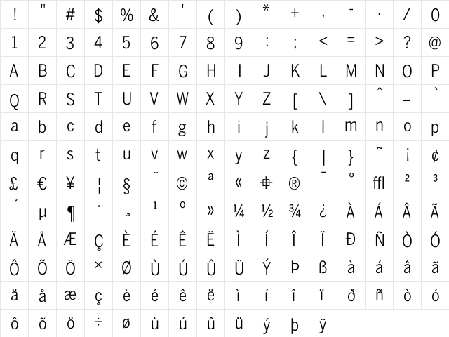 BentonSans Condensed Book  glyph index