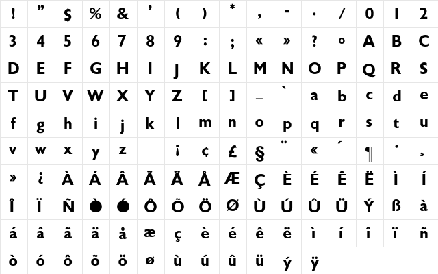 Gill_Sans-Bold Regular  glyph index