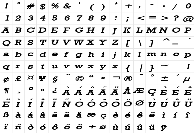 Geo 986 Extended Bold Italic  glyph index