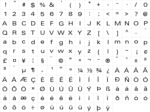 Univers Extended Regular  glyph index