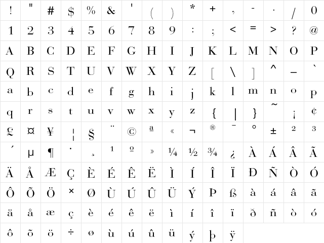 BauerBodoniEF Regular  glyph index
