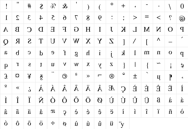 Times-Mirror Regular  glyph index