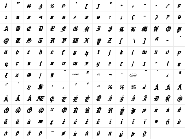Quest Knight Italic Italic  glyph index