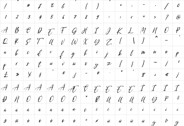 Kayliee Mightness Italic Regular  glyph index