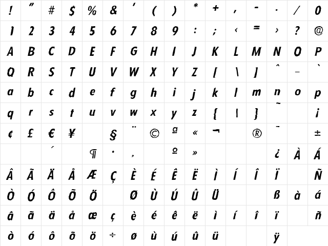 FloridaAntique BoldItalic  glyph index