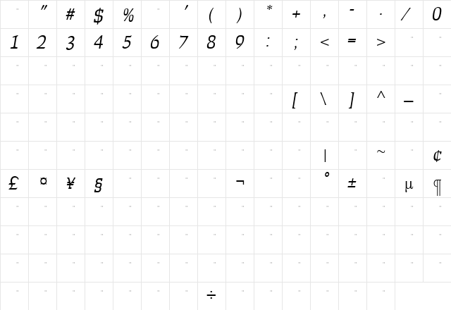 FaustLightItalicTab Roman  glyph index