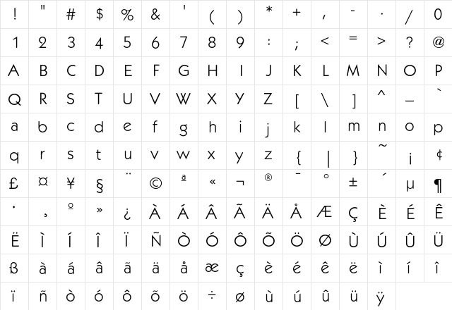 KabelEF-Book Regular  glyph index