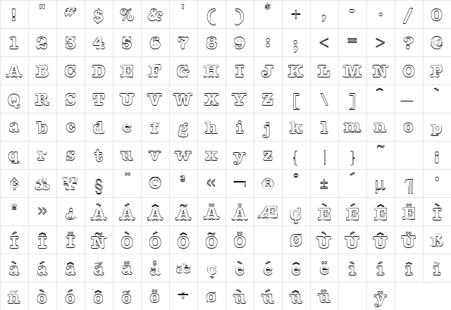 American Type Outline Regular  glyph index