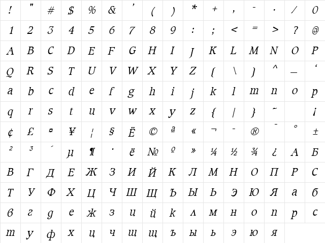 Cotlin Italic  glyph index