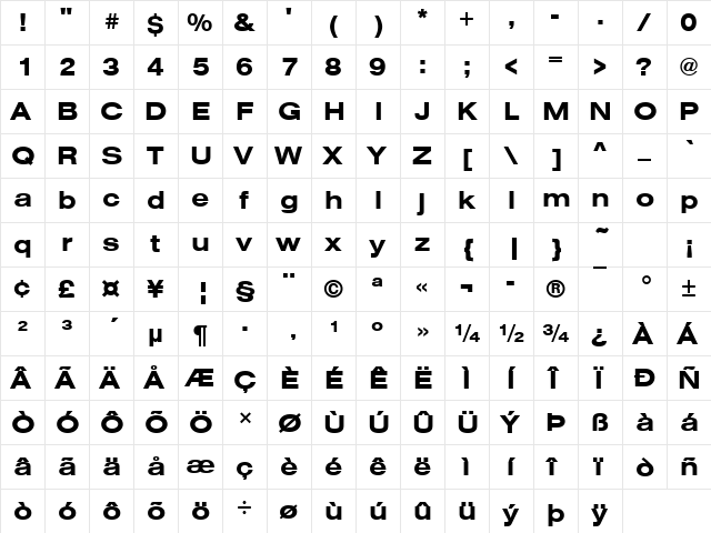 NimbusSanTExt Bold  glyph index