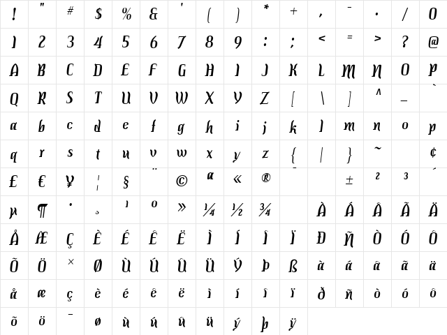 Colourbars Regular  glyph index