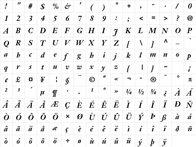 Janson Text LT Std 76 Bold Italic  glyph index