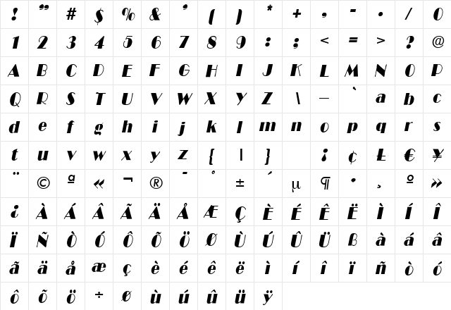 B821-Deco Italic  glyph index