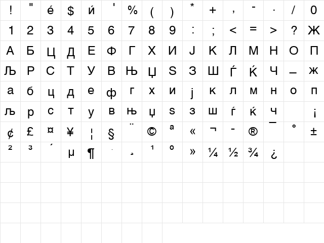 MACSwis Regular  glyph index