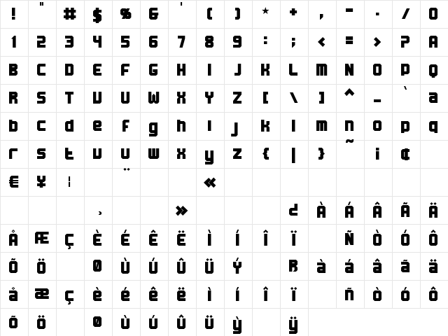 BN Machine Regular  glyph index