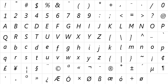 WeblySleek UI Italic Cursiva  glyph index