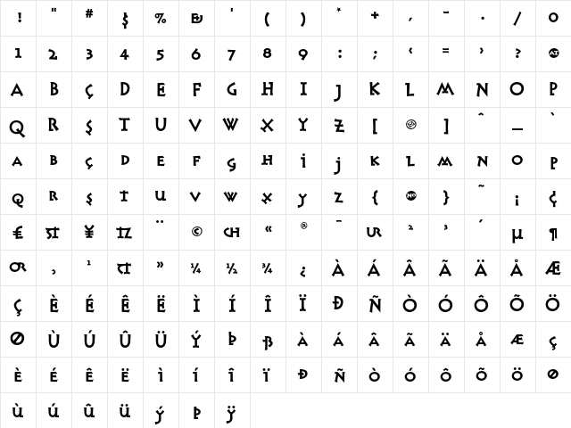 Chelsea Bold  glyph index