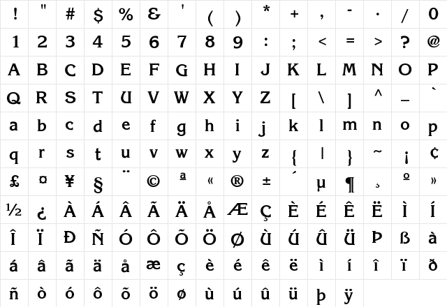 Korinna-Bold Regular  glyph index