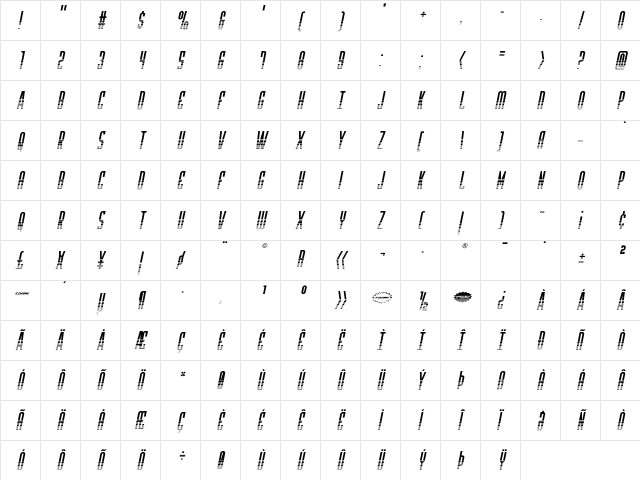 Y-Files Halftone Italic Italic  glyph index