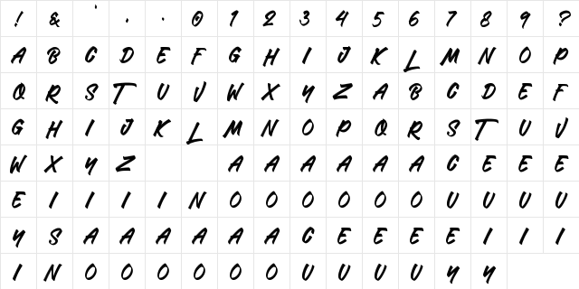 The Miladiator Regular  glyph index