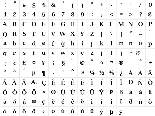 Nuance SSi Bold  glyph index