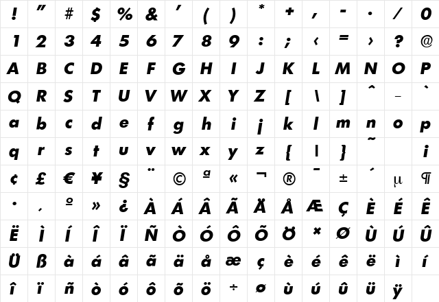 LimerickSerial-Xbold Italic  glyph index