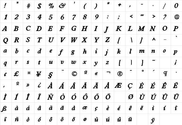 WorcesterLH Bold Italic  glyph index