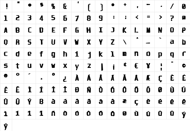 Unispace Ink Regular  glyph index