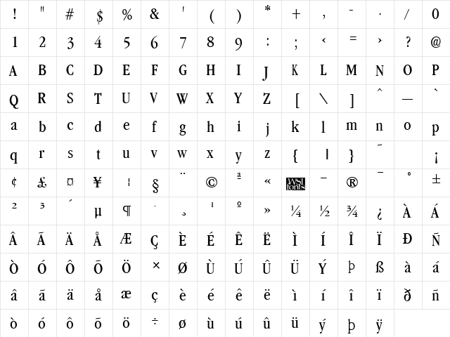 GarnetCondensed Regular  glyph index