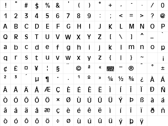 Olivia Regular  glyph index