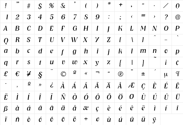 BobBecker Italic  glyph index