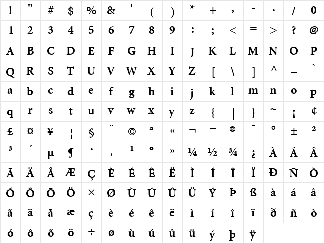 AdobeCorporateIDMinion Bold  glyph index