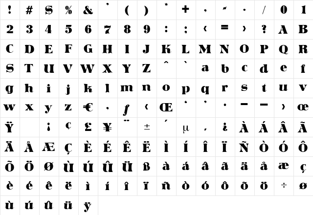 Sarajevo Regular  glyph index