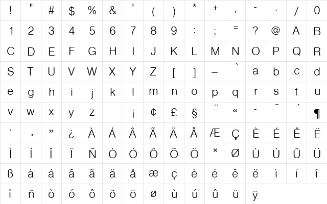NimbusSanDLigRo1 Regular  glyph index