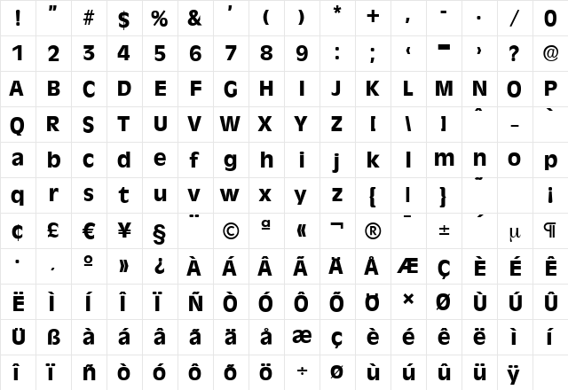 RavennaSerial-Xbold Regular  glyph index