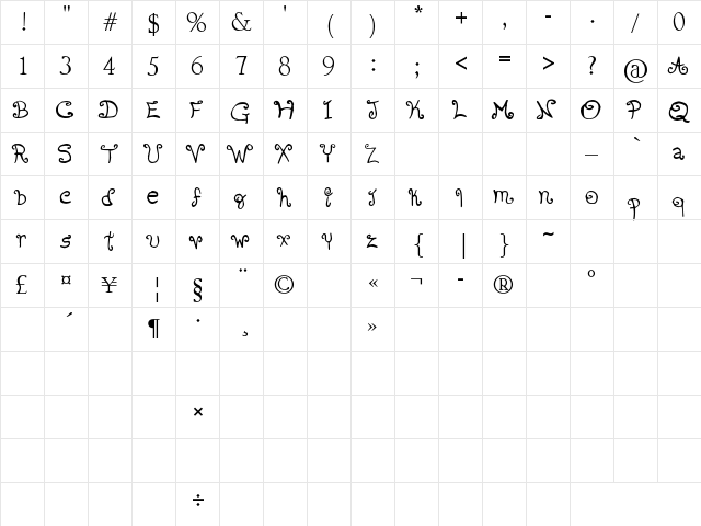 romanticfont2 Regular  glyph index